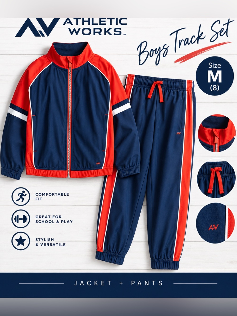NWT Athletic Works Boys Navy and Red Track Jacket & Pants size M
